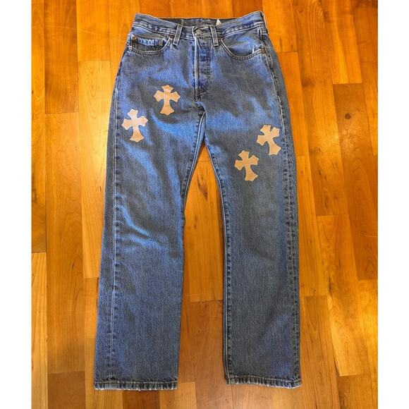 Vintage Levi's 501 " Chrome Hearts " patchwork crosses womens jeans 2000s 00s - Picture 2 of 16